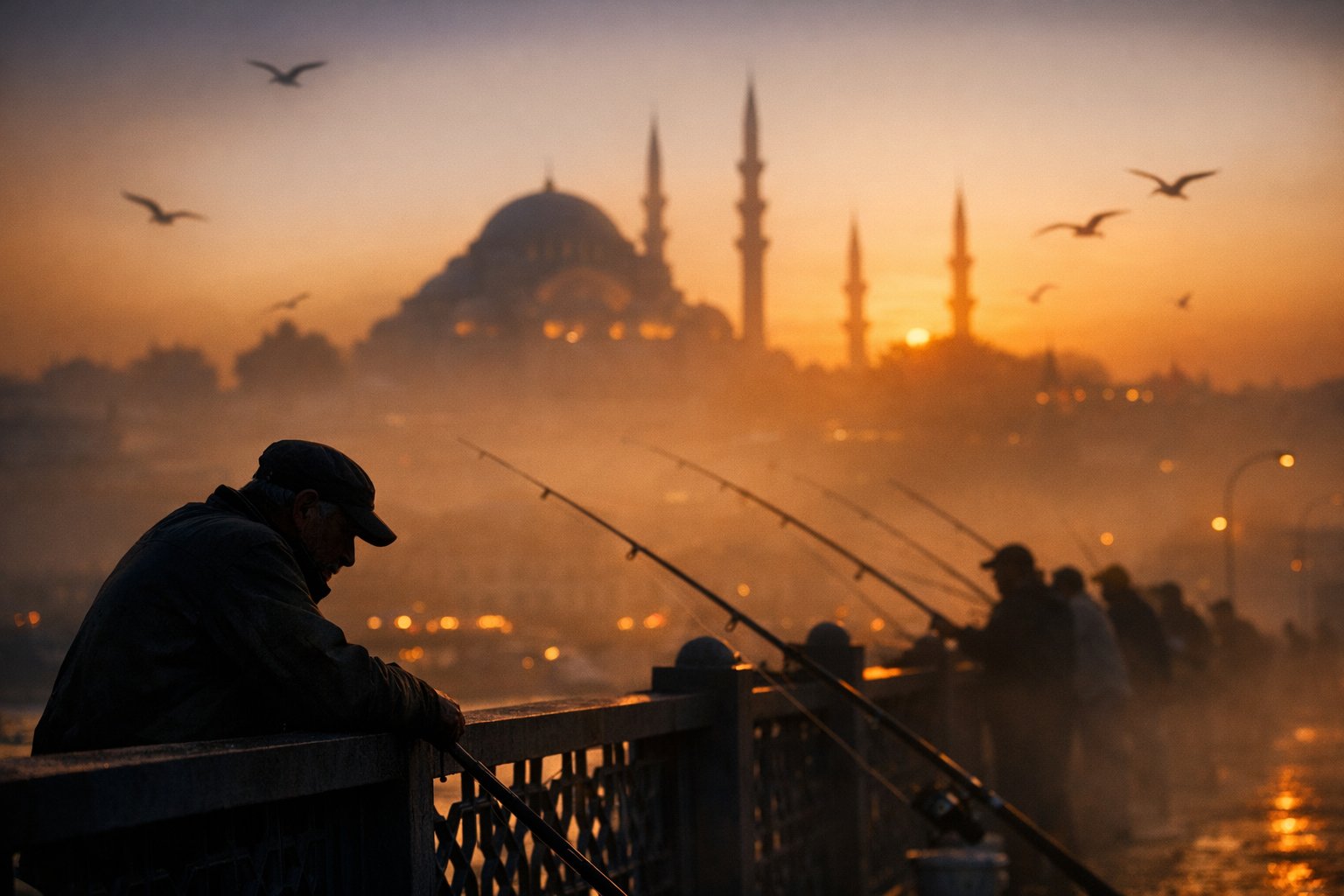 Cinematic Silhouette of Istanbul Fishermen at Sunset - view 1