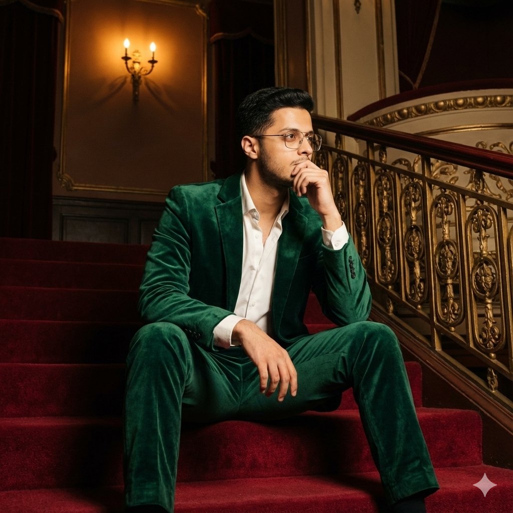 Cinematic Emerald Velvet Suit Portrait - view 1