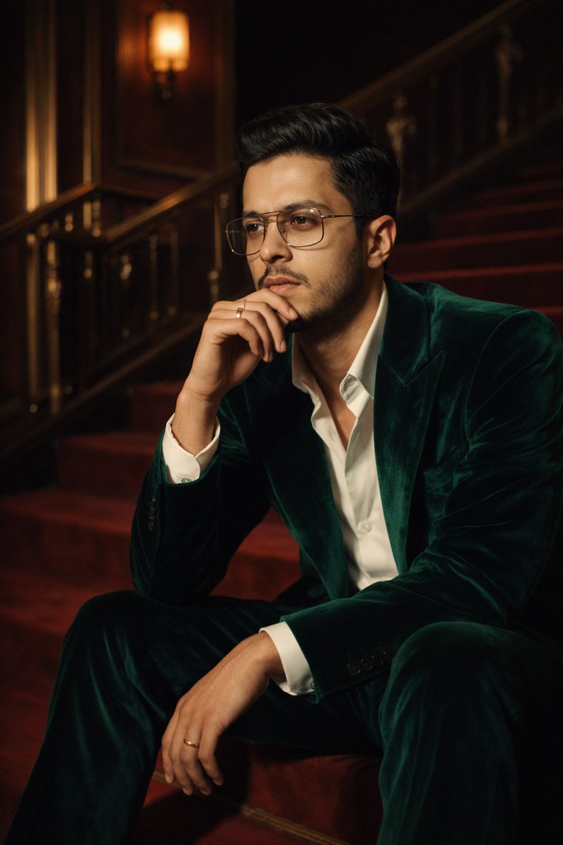 Cinematic Emerald Velvet Suit Portrait thumbnail 2