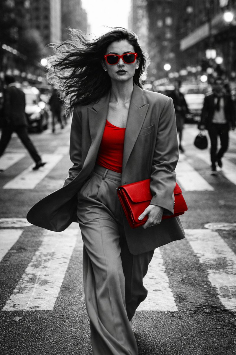 Hyper-realistic B&W Street Fashion with Selective Red Accents - view 1