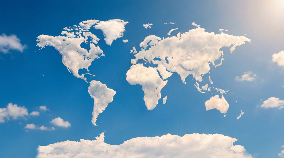 Photorealistic Cloud Shaped Like Continents in Blue Sky - view 1