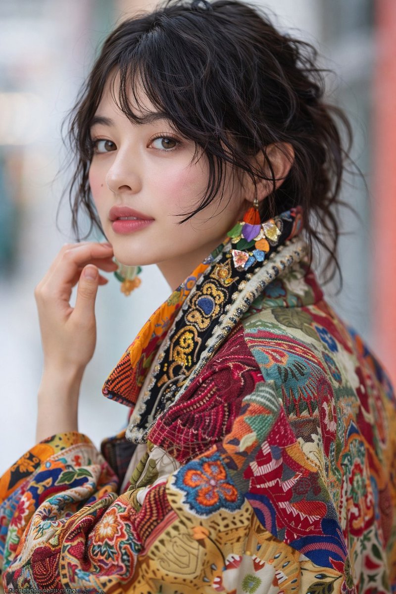 Elegant Fashion Portrait: Patchwork Jacket - view 1