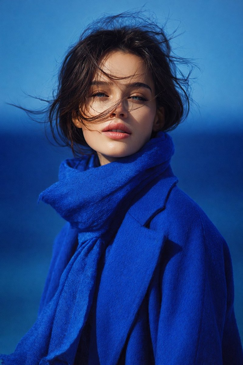 Realistic Portrait of Young Woman in Blue Coat - view 1