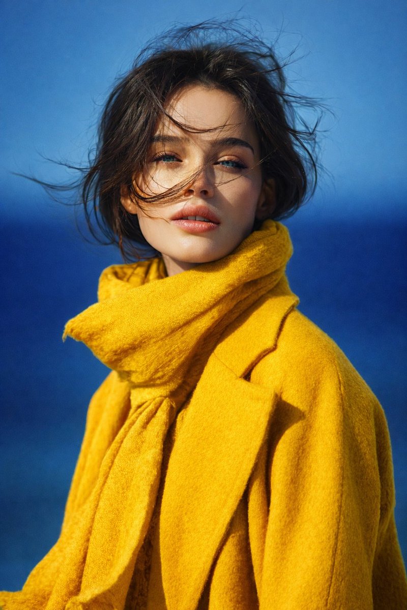 Realistic Portrait of Young Woman in Blue Coat thumbnail 2