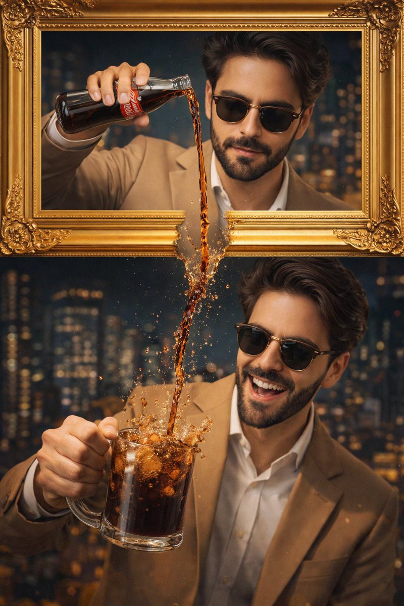 Stylish Man Pouring Cola in Split Frame Cityscape - view 1