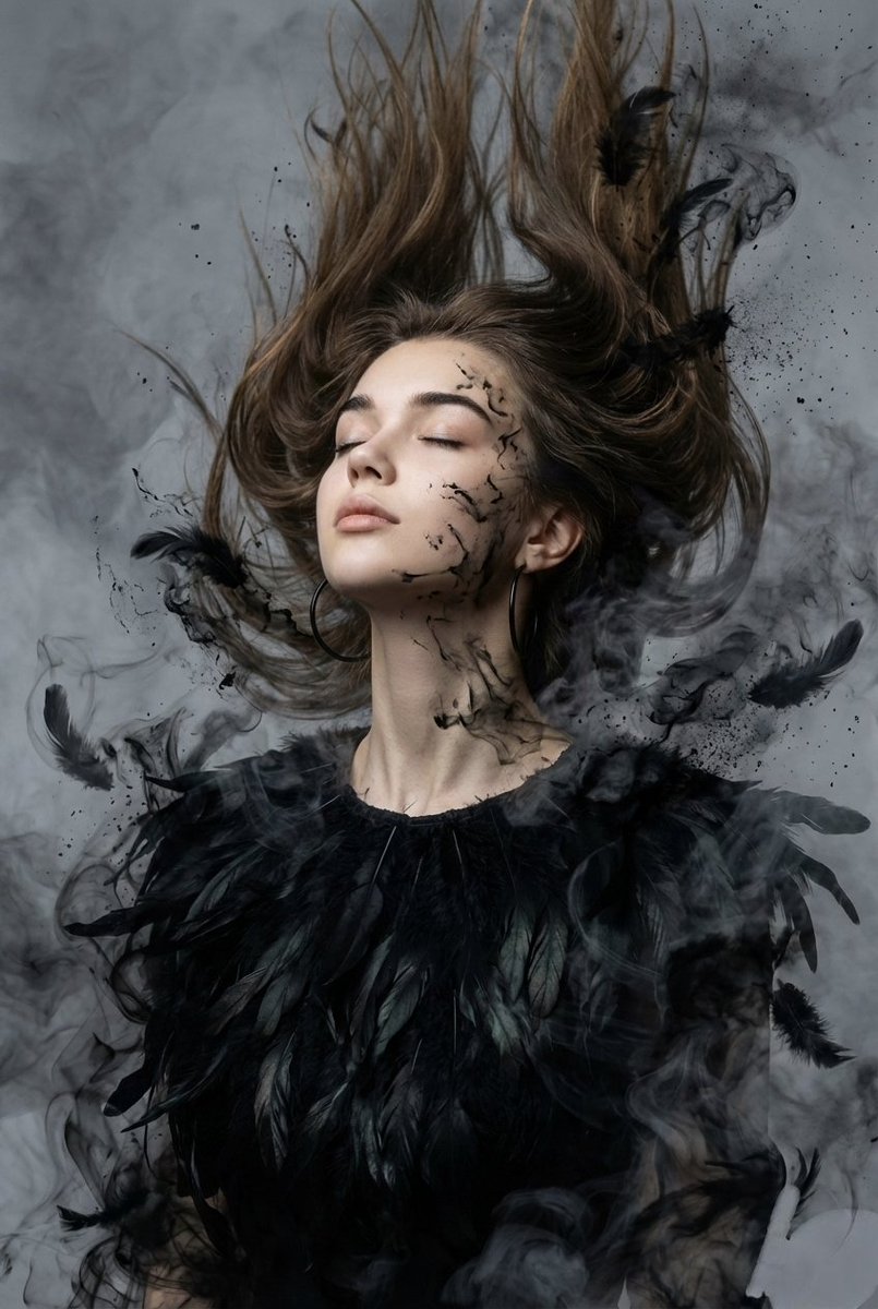 Ethereal Woman Dissolving in Smoke and Feather Blouse - view 1