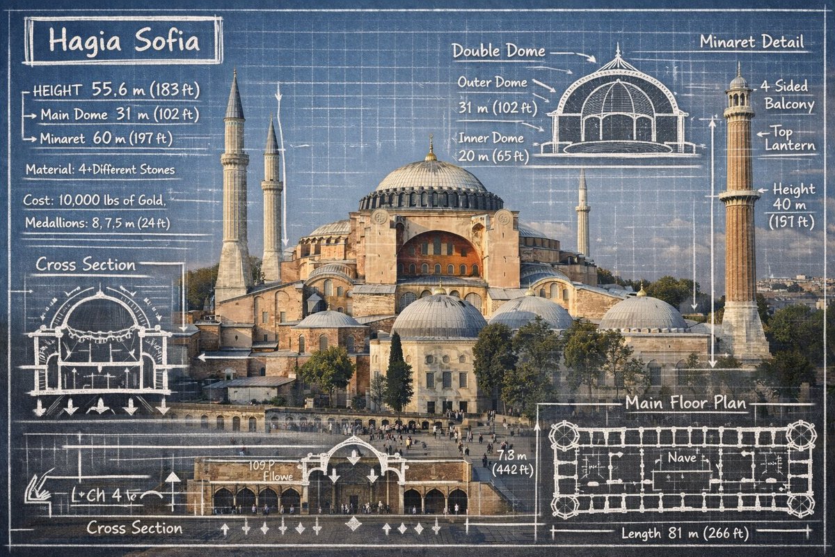 Landmark Infographic with Blueprint Annotations - view 1