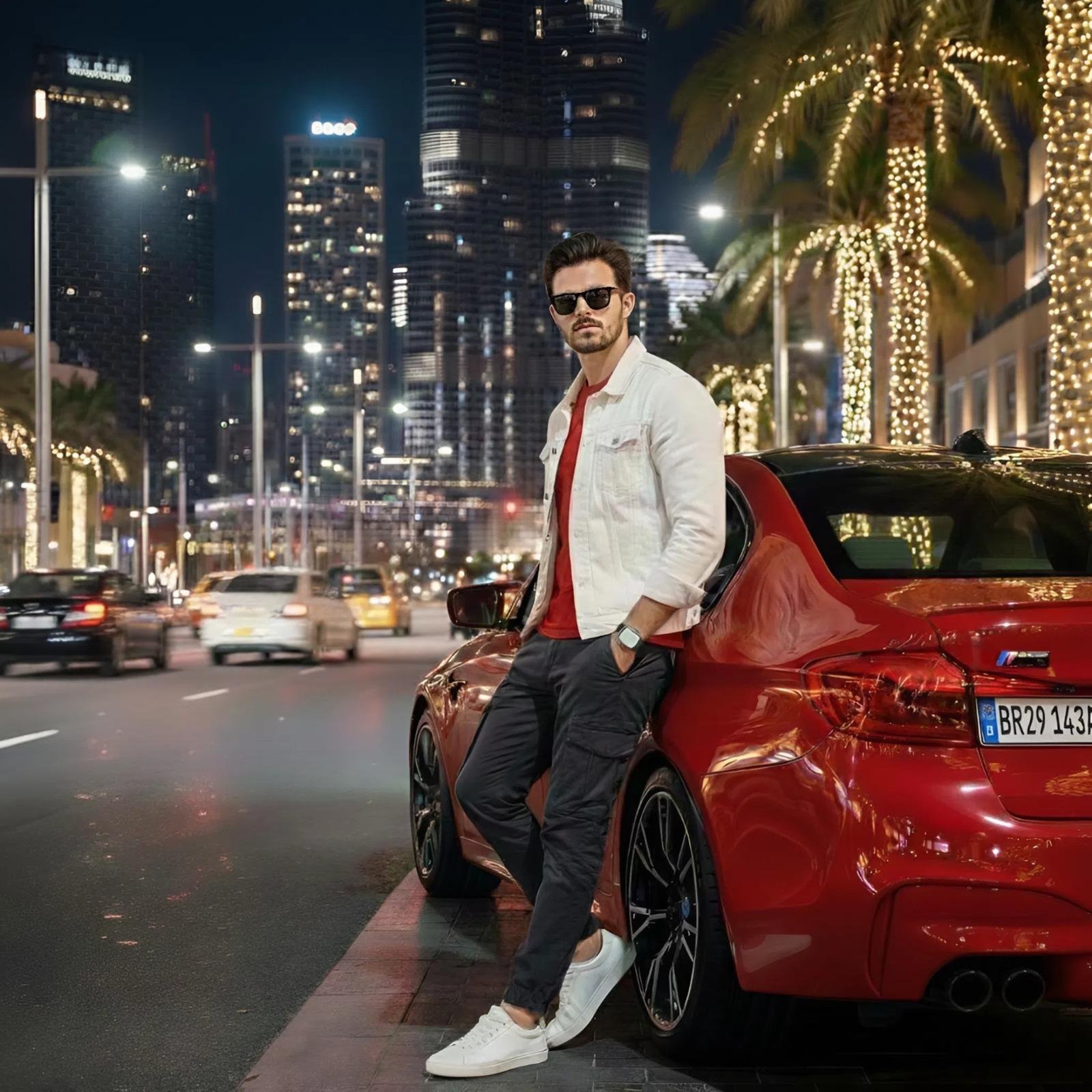 Stylish Man with Red BMW on City Street Night - view 1