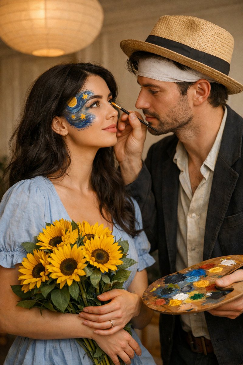 Cinematic Couple Portrait with Starry Night Face Paint thumbnail 2