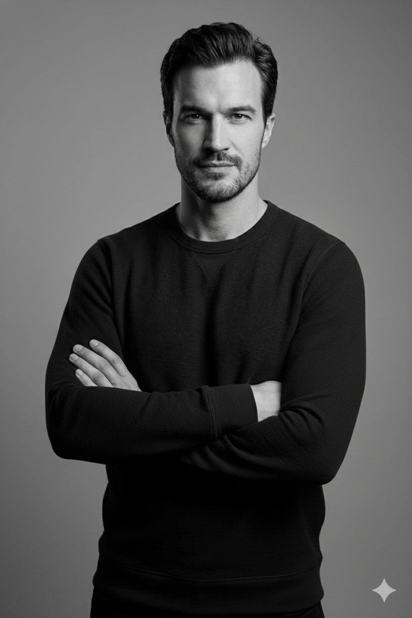 High-Contrast Monochrome Studio Portrait of a Confident Man thumbnail 3