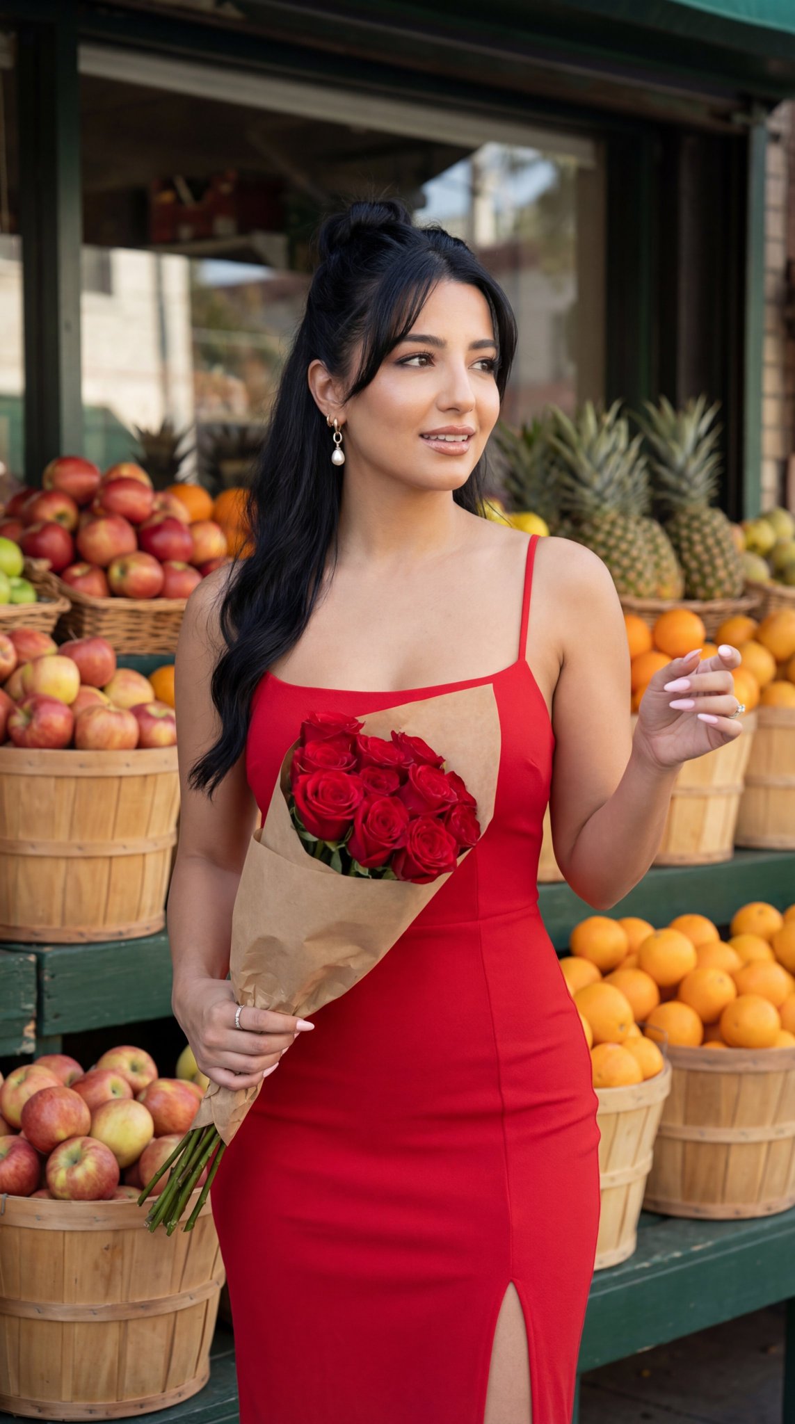 Elegant Woman in Red Dress at European Fruit Market thumbnail 2