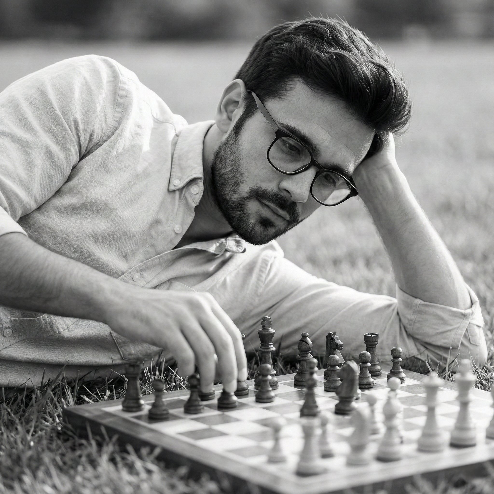 Monochrome Contemplative Portrait with Chessboard - view 1