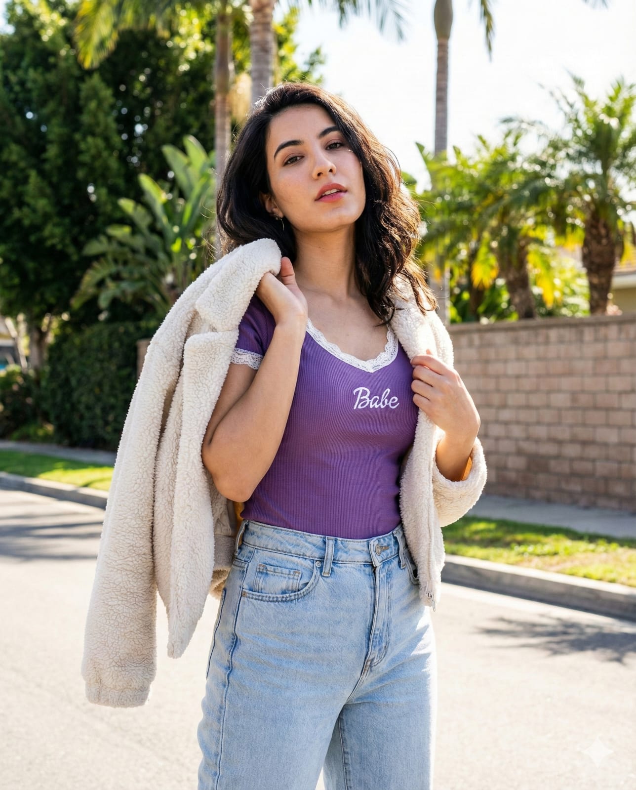 Confident Young Woman in Sunlit Suburban Street Portrait - view 1