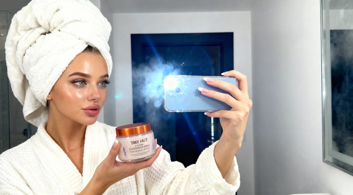 Bathroom Mirror Selfie with Glowing Skin and Beauty Product - view 1