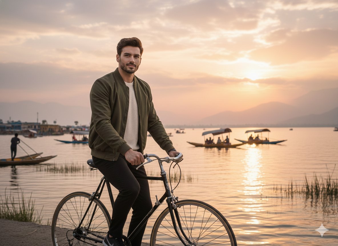Cinematic Photograph of Man Biking at Dal Lake Sunset - view 1
