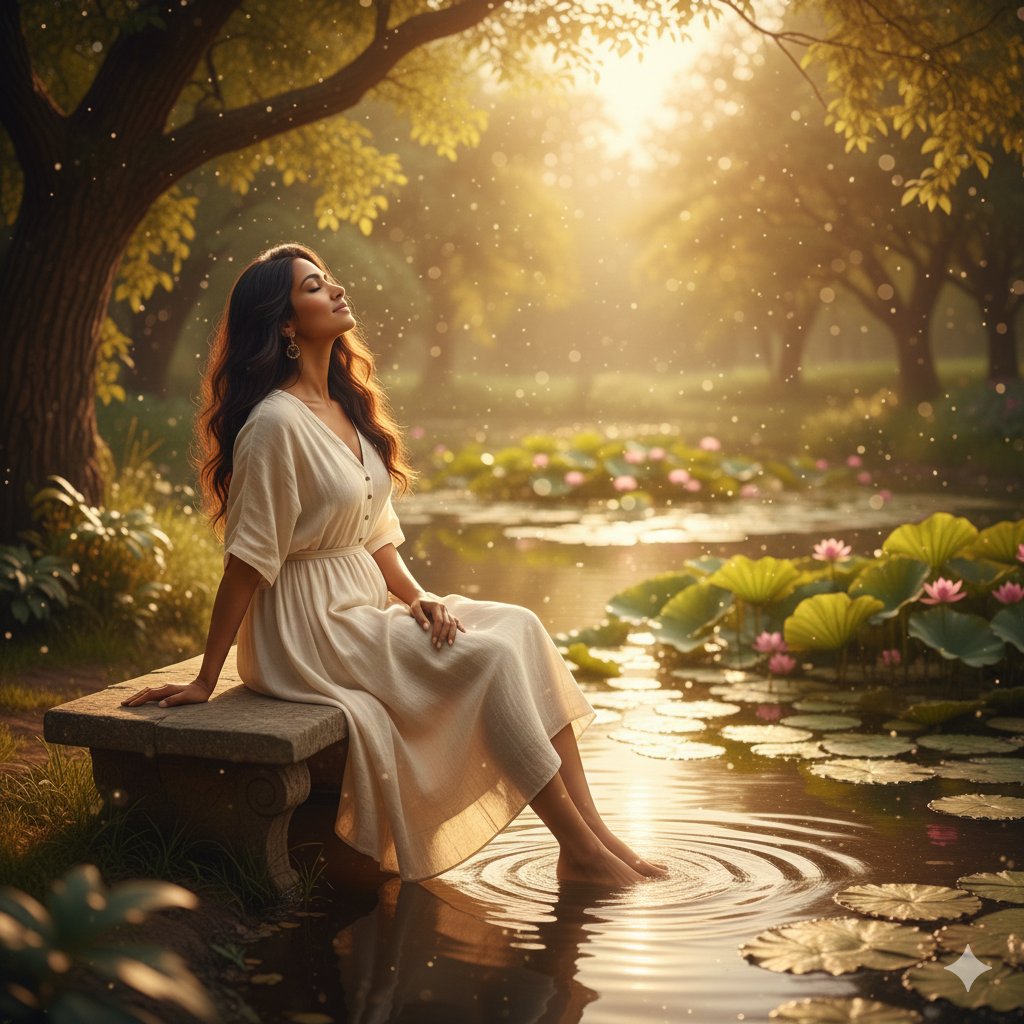 Serene Woman by Tranquil Pond in Golden Sunlight - view 1