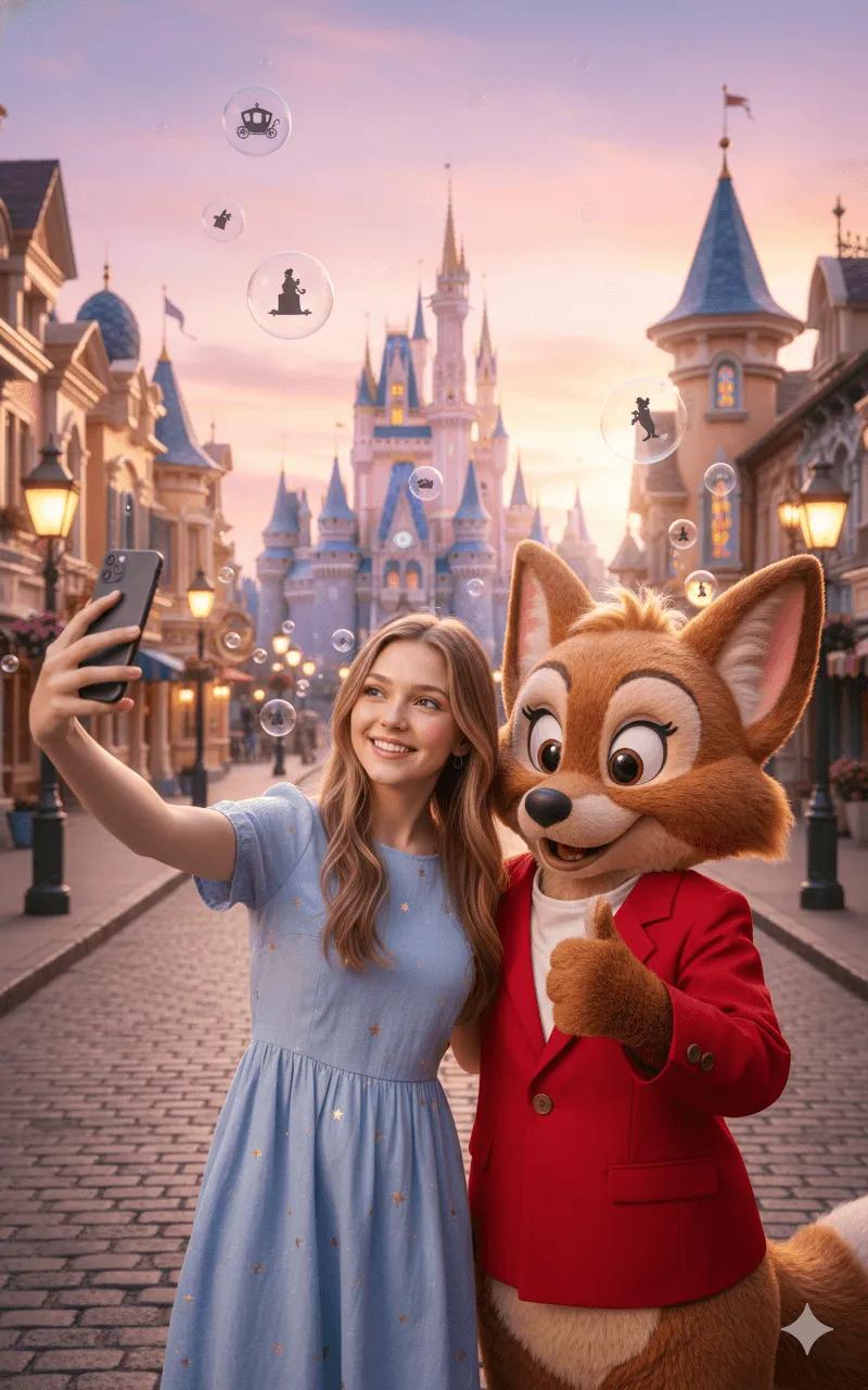 Fairytale Theme Park Selfie with Fox Mascot, Golden Hour - view 1