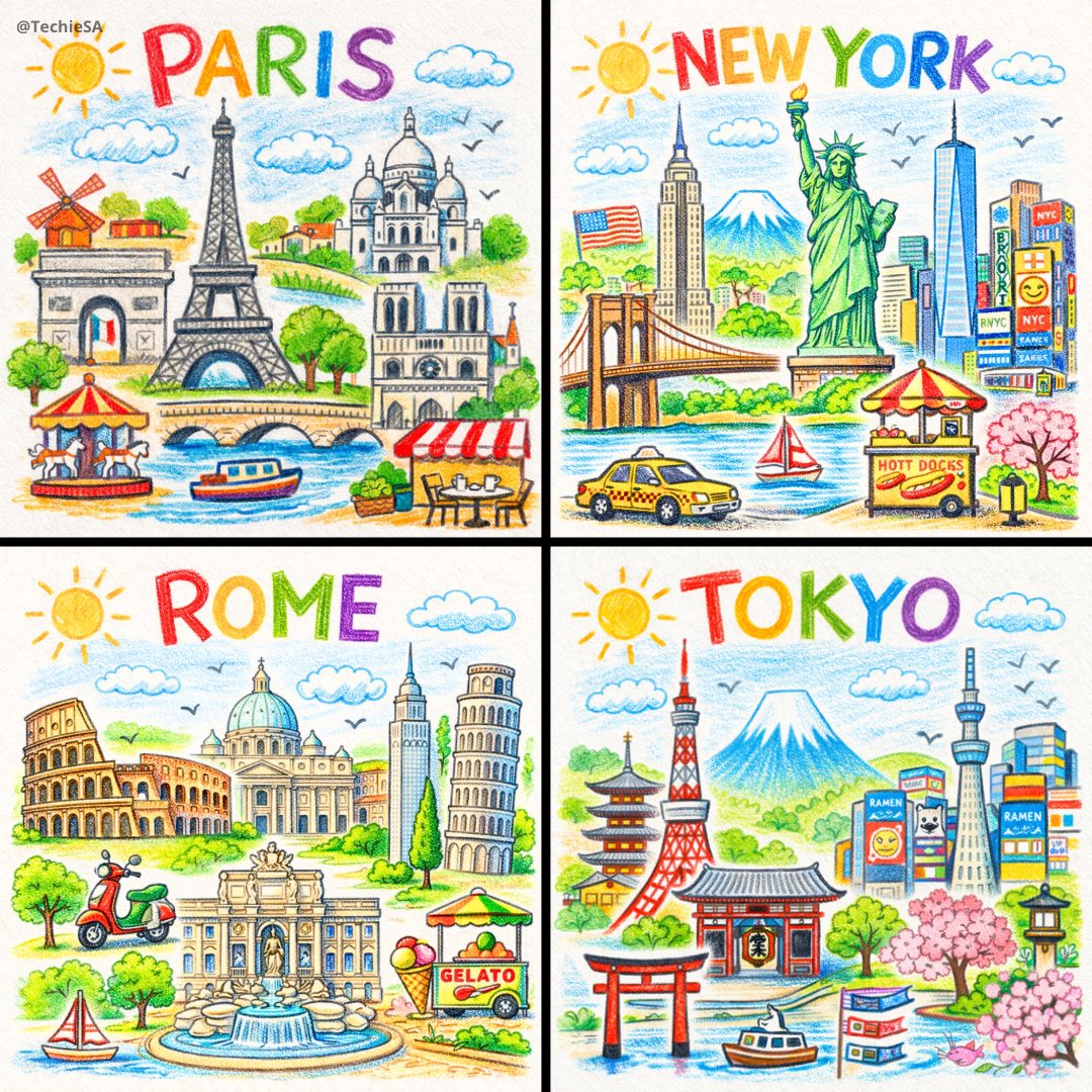 Colorful Crayon Drawing of a City with Playful Imperfections - view 1