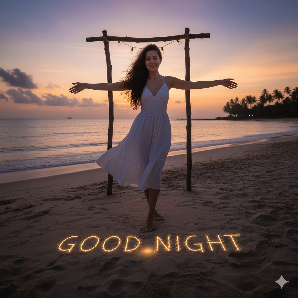 Tropical Beach Sunset with Woman and Glowing Sand Text - view 1