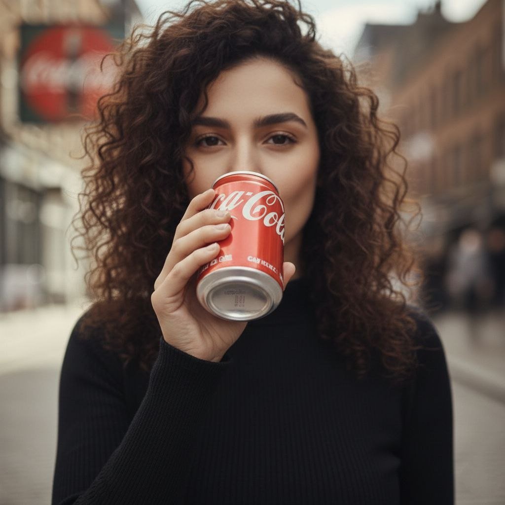 Stylish Woman Sips Soda on City Street, Cinematic Portrait - view 1