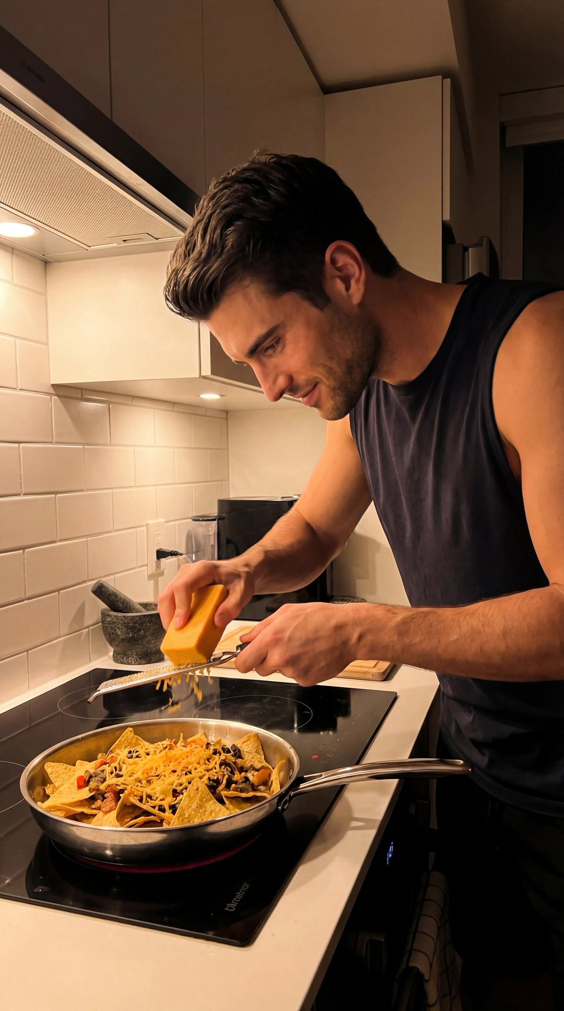 Man Cooking Nachos in Modern Kitchen at Night, Candid Style - view 1