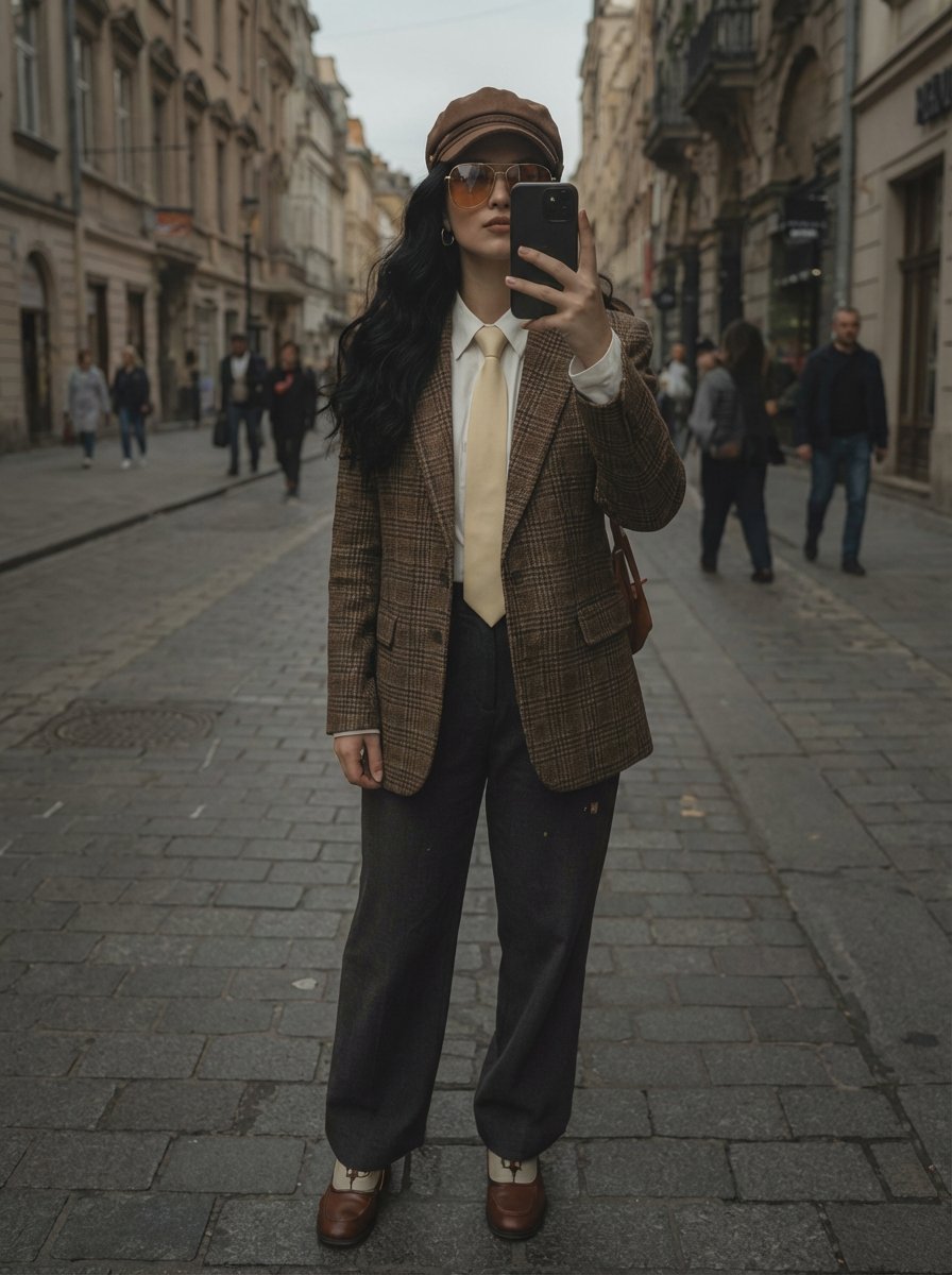 Stylish Woman Mirror Selfie on European Cobblestone Street - view 1
