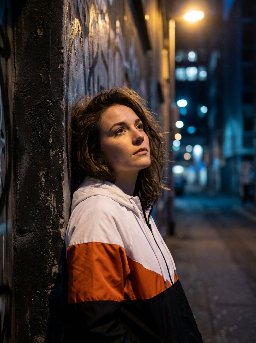 Pensive Woman in Color-Block Jacket, Dramatic Urban Lighting - view 1