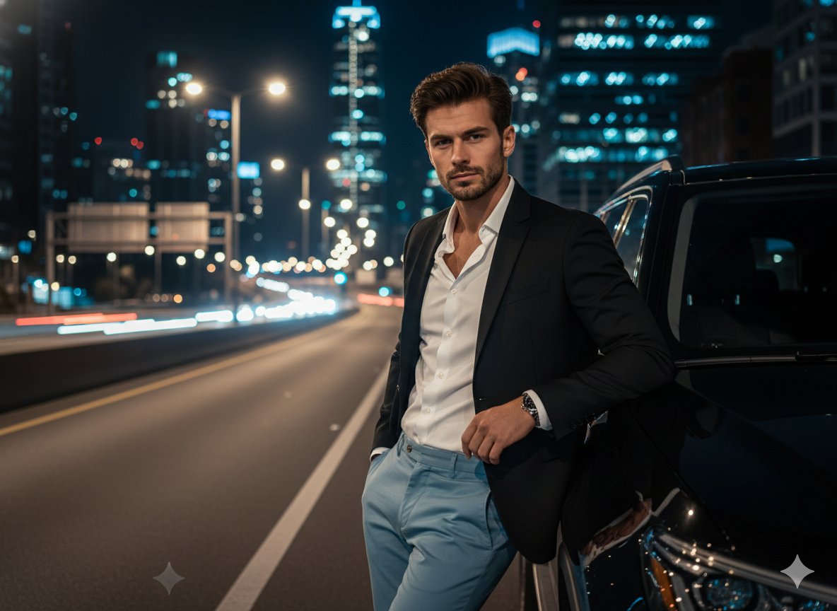 Cinematic Night Urban Portrait of Man with Luxury SUV - view 1