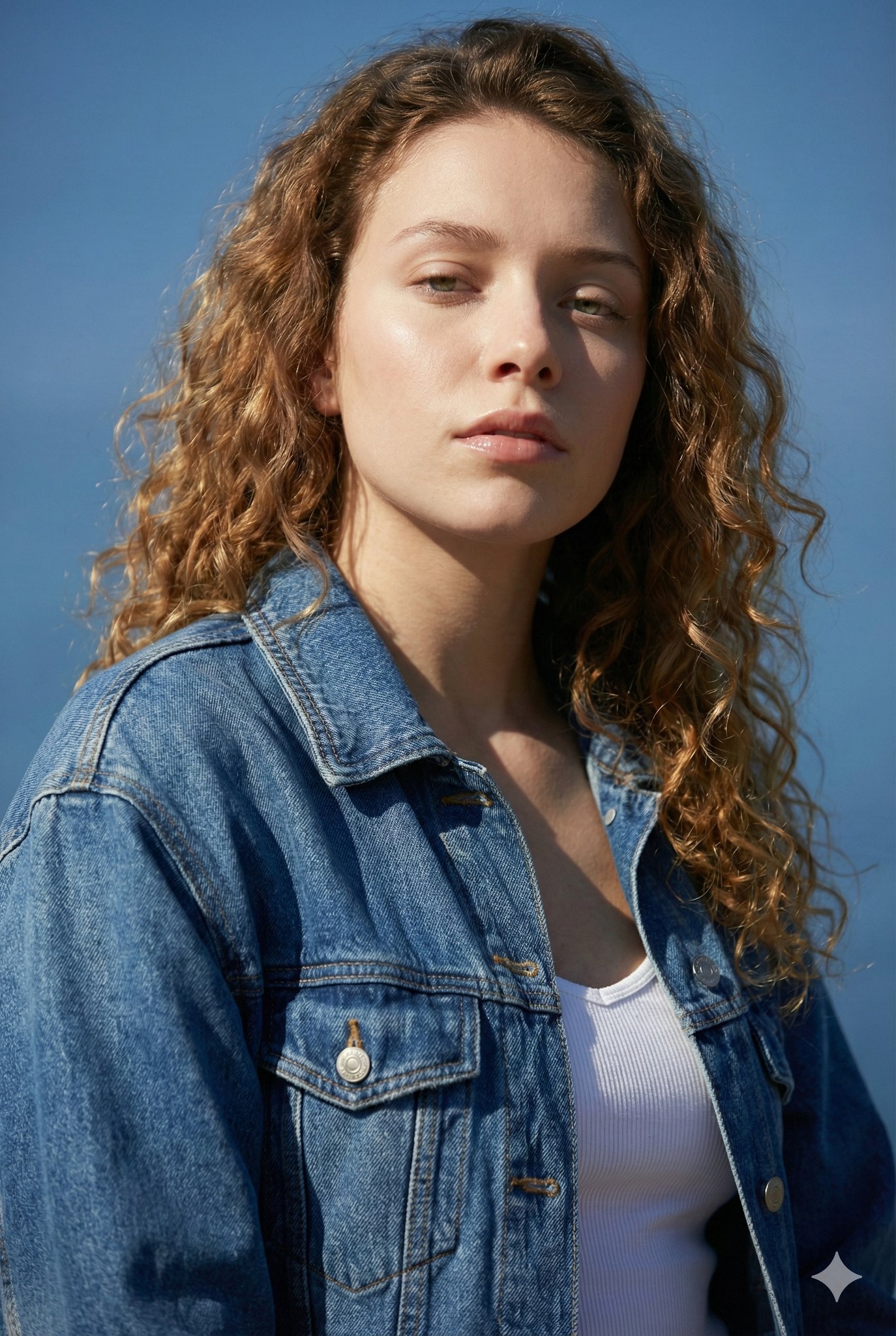 Confident Woman Portrait, Denim Jacket, Natural Light, Blue Sky - view 1