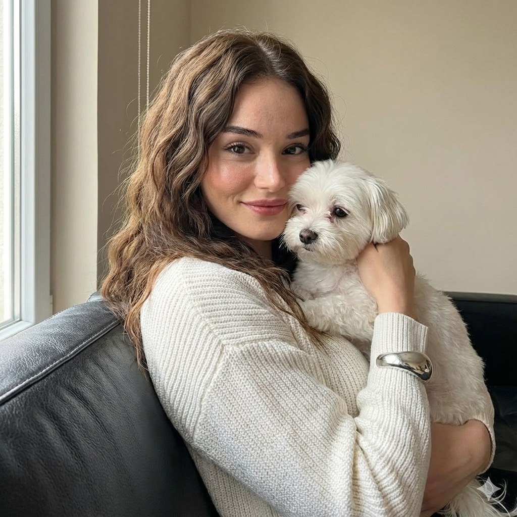 Cozy Portrait of Woman Hugging Dog on Leather Couch - view 1