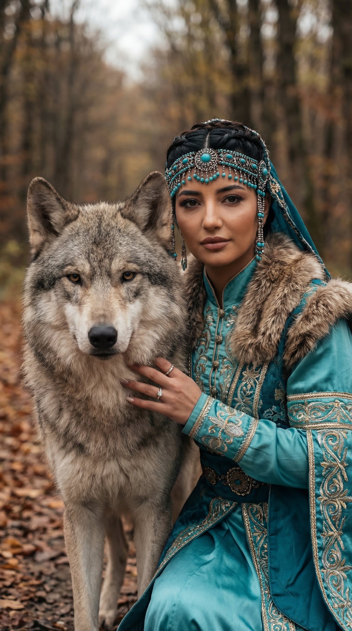 Turkic Woman and Wolf Cinematic Portrait - view 1