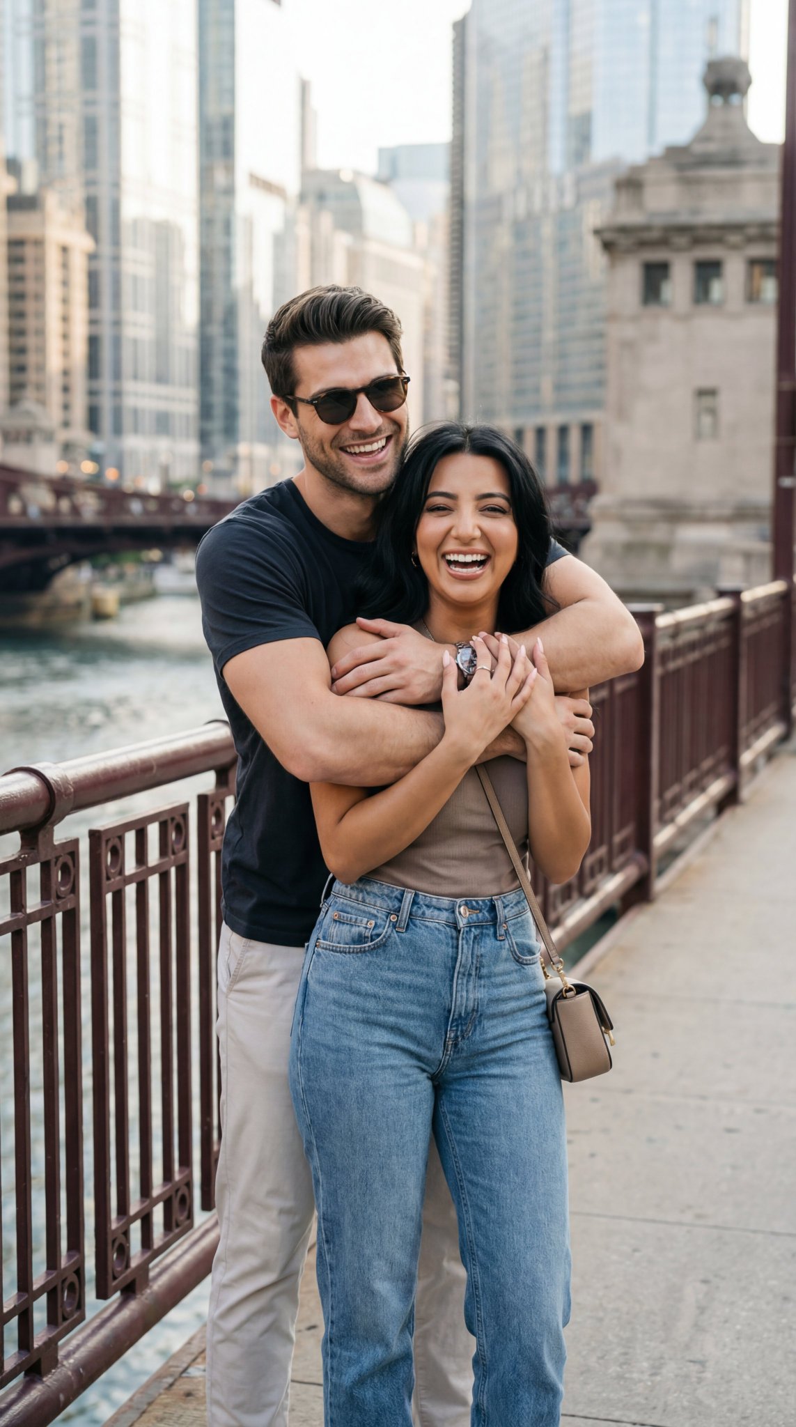 Modern Couple Hugging on Urban Bridge, Photorealistic - view 1