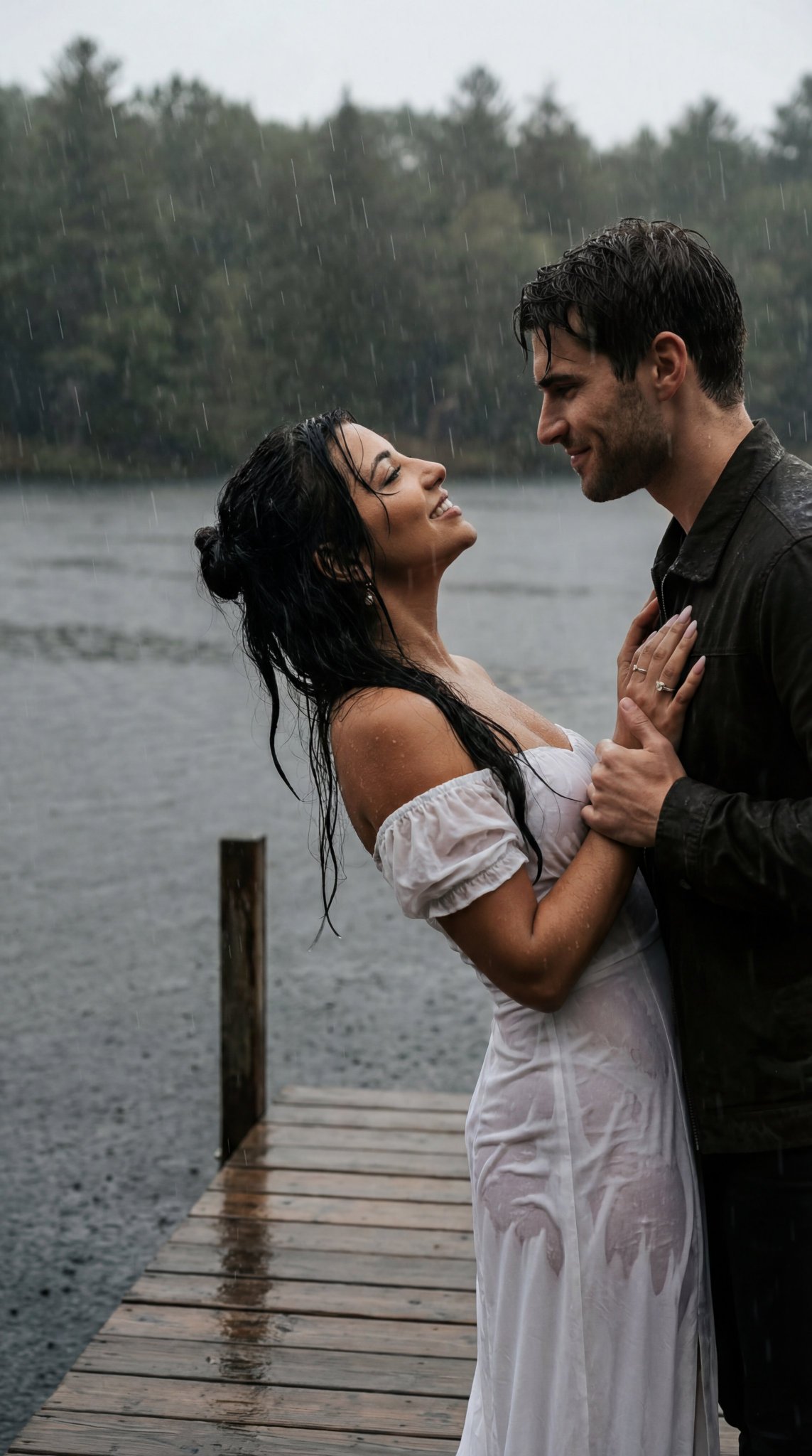 Cinematic Romantic Couple in Rain by Lake - view 1