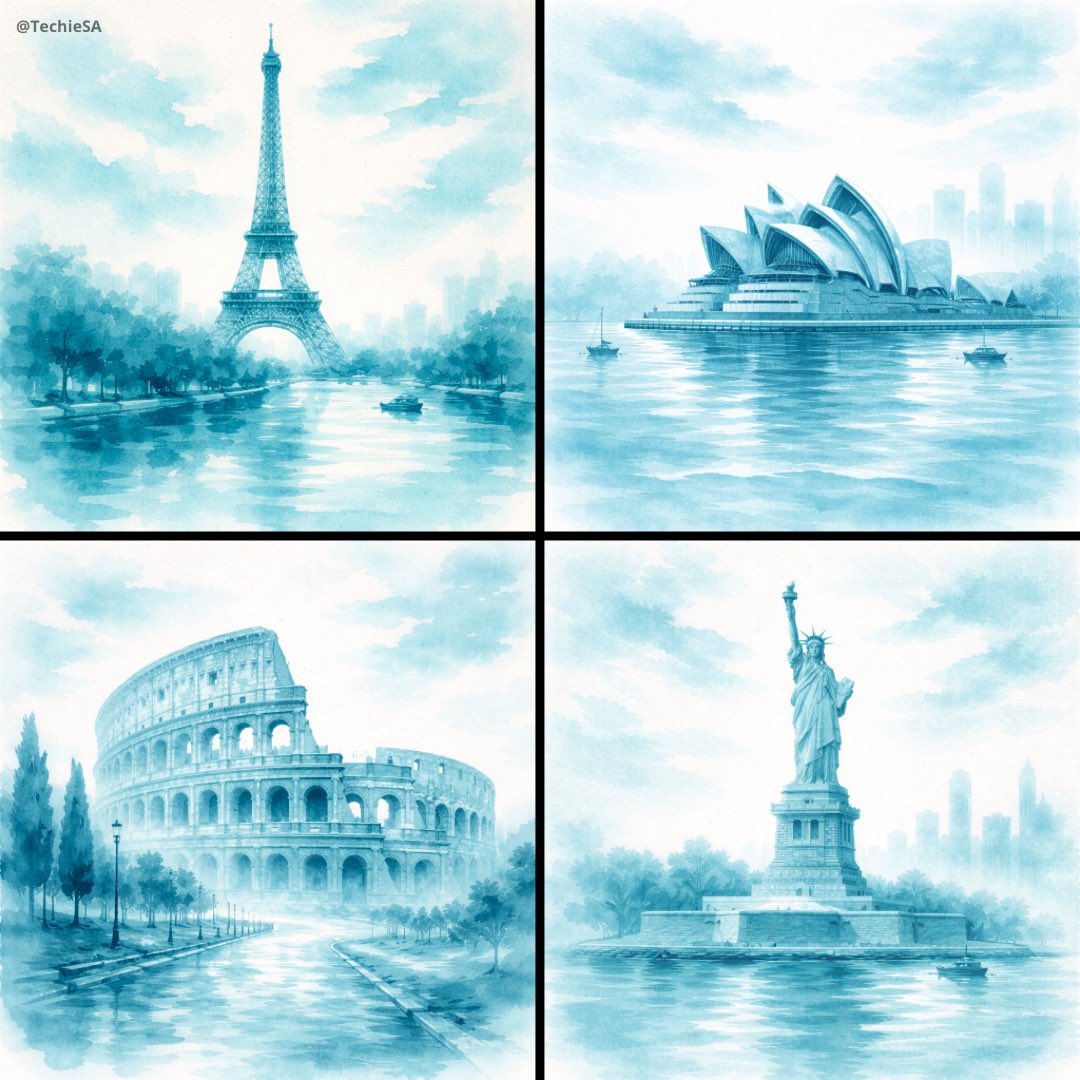 Cyan Monochrome Ink Wash Landmark with Gradients - view 1