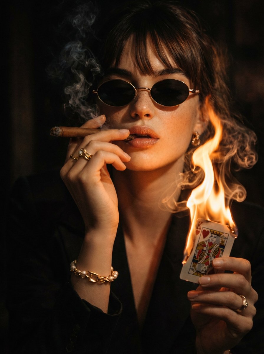 Cinematic Moody Portrait of Stylish Woman Smoking Cigar - view 1