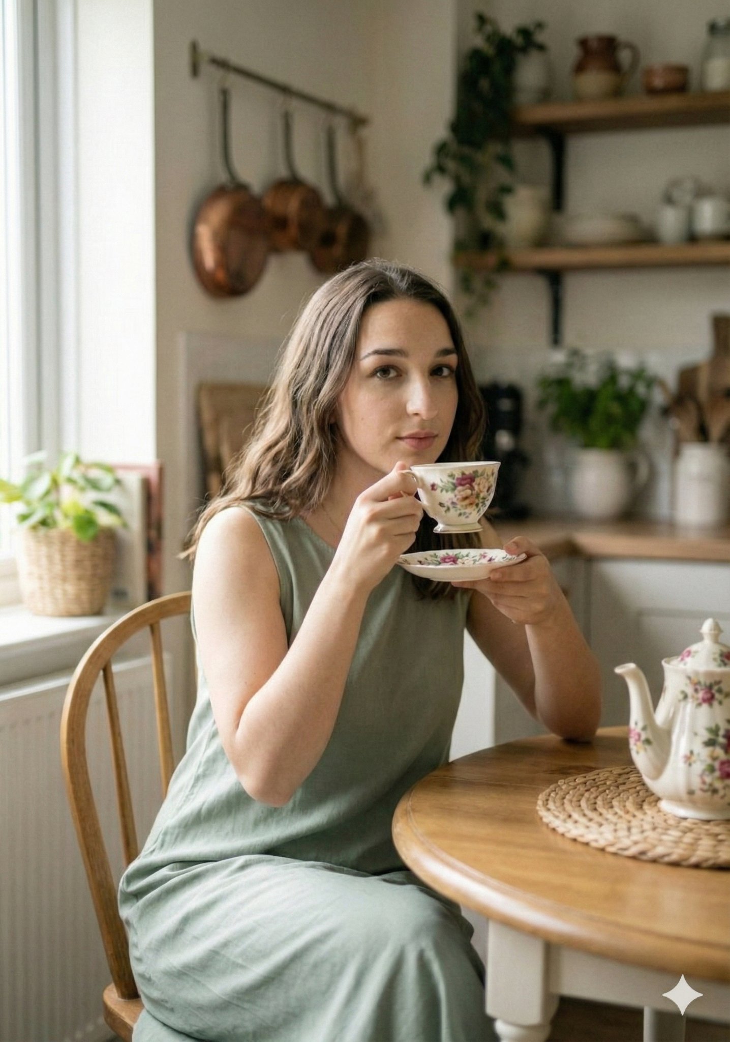 Cozy Kitchen Moment: Woman with Teacup, Photorealistic Natural Light - view 1