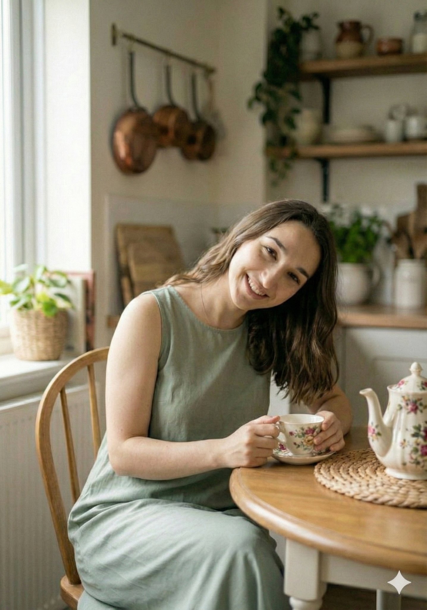 Cozy Kitchen Moment: Woman with Teacup, Photorealistic Natural Light thumbnail 2