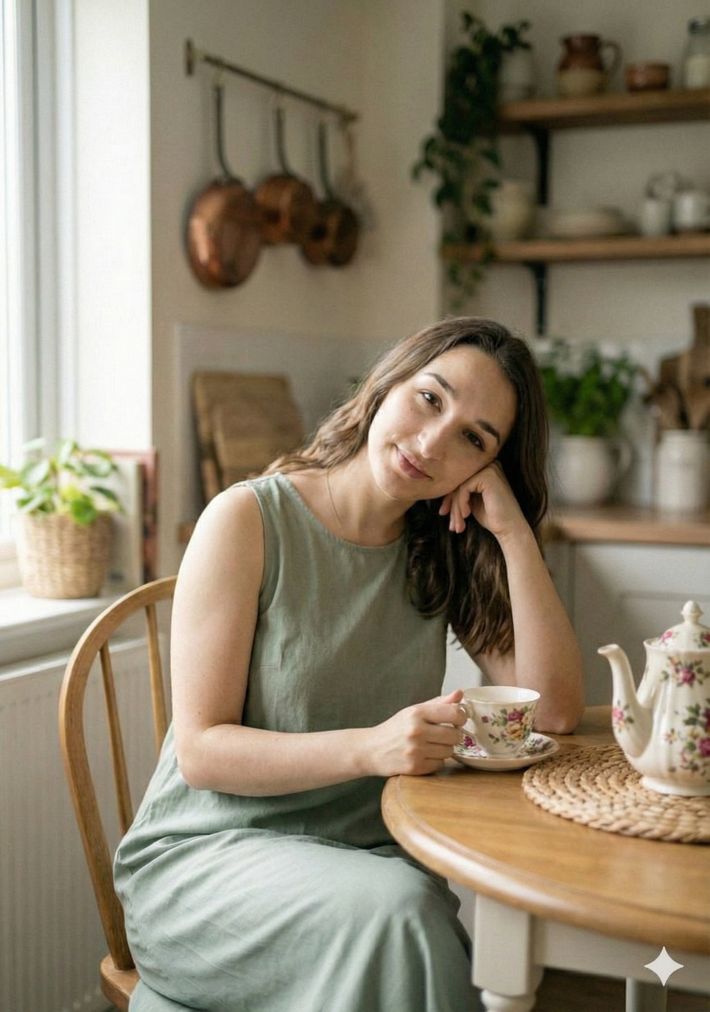 Cozy Kitchen Moment: Woman with Teacup, Photorealistic Natural Light thumbnail 3