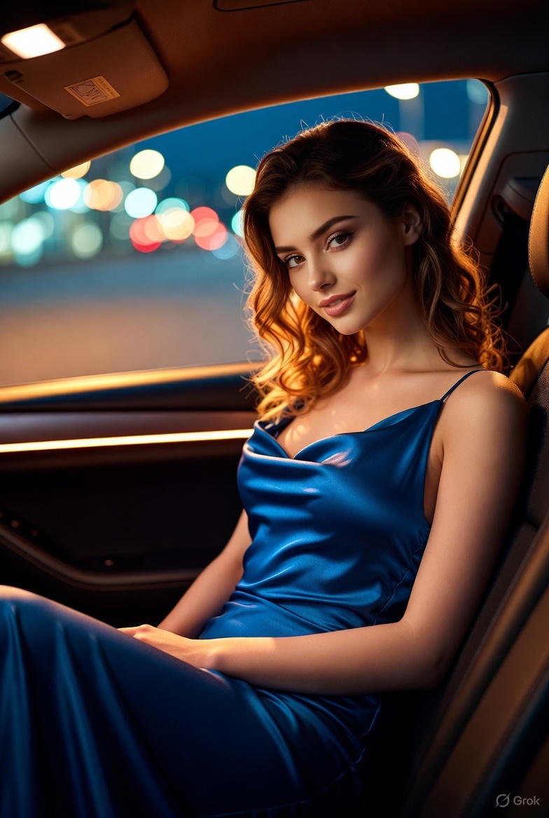 Cinematic Fashion Portrait: Elegant Woman in Gown by Luxury Sedan thumbnail 2