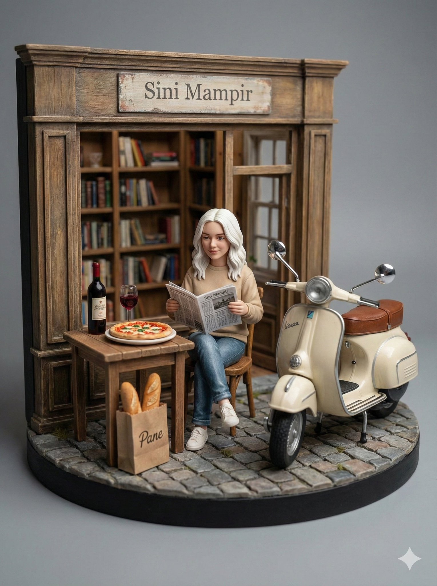 Ultra-realistic Macro Diorama: Woman Reading by Vespa - view 1