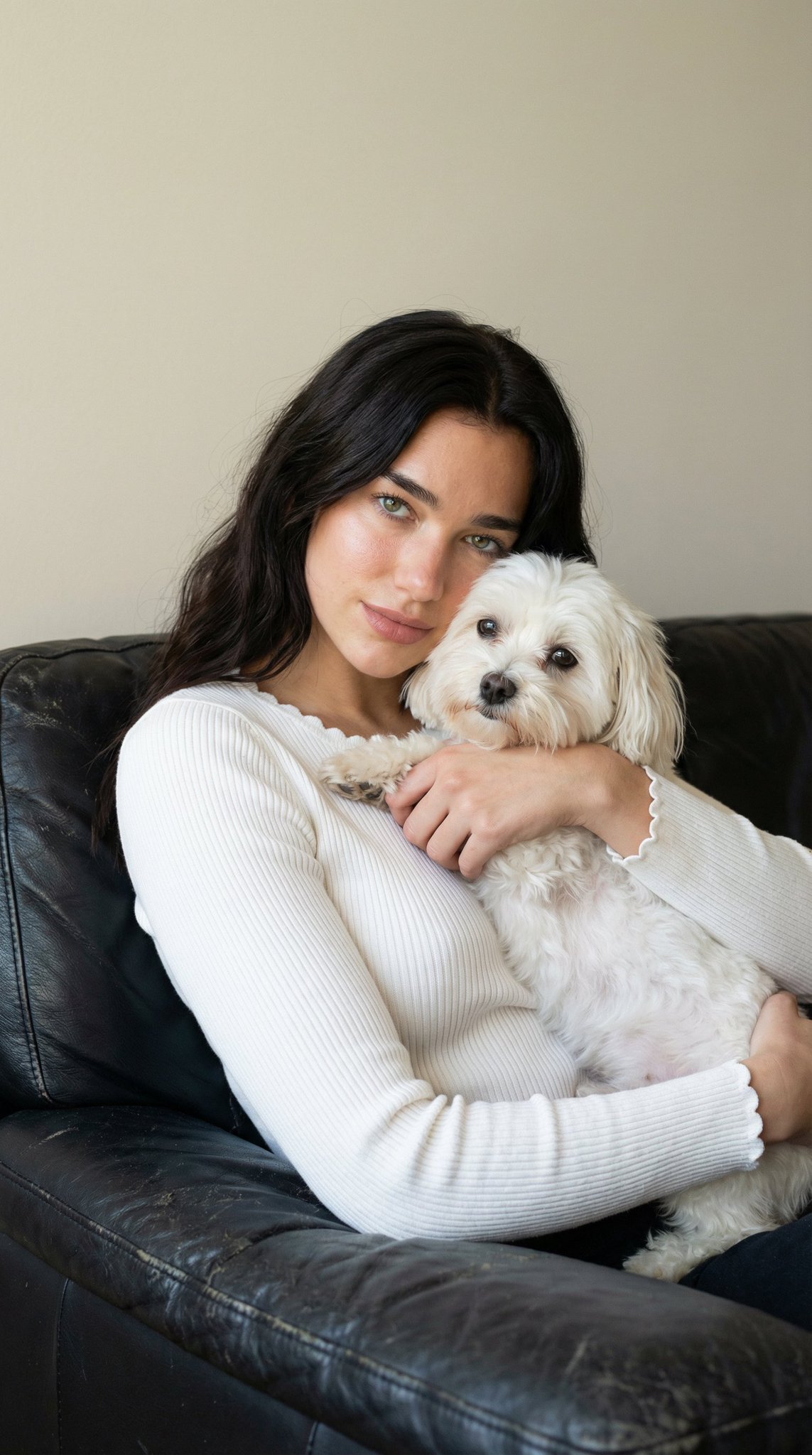 Ultra-Realistic Portrait: Woman Hugging Fluffy White Dog - view 1