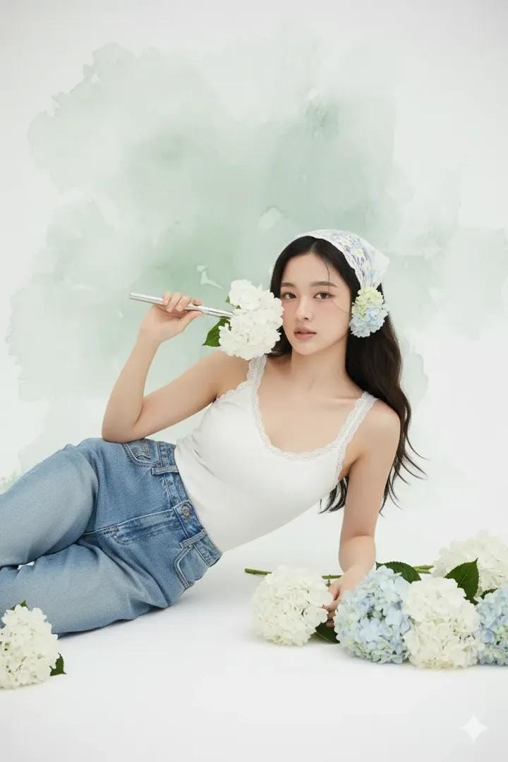 East Asian Woman Studio Portrait with Hydrangeas thumbnail 2