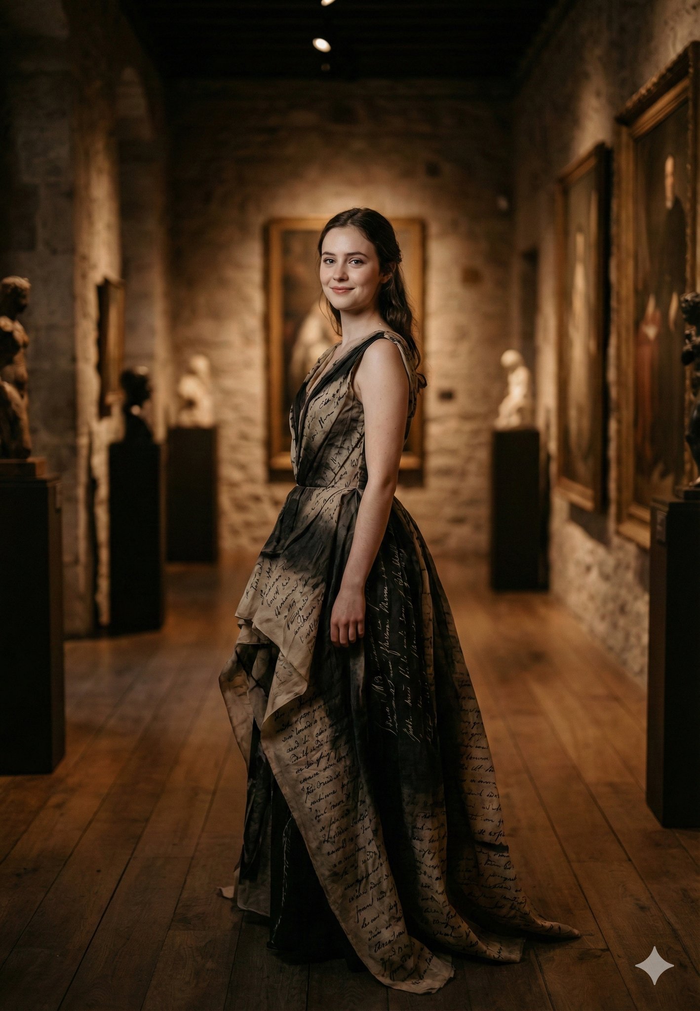 Elegant Woman in Script Gown, Art Gallery, Fine Art Photo - view 1
