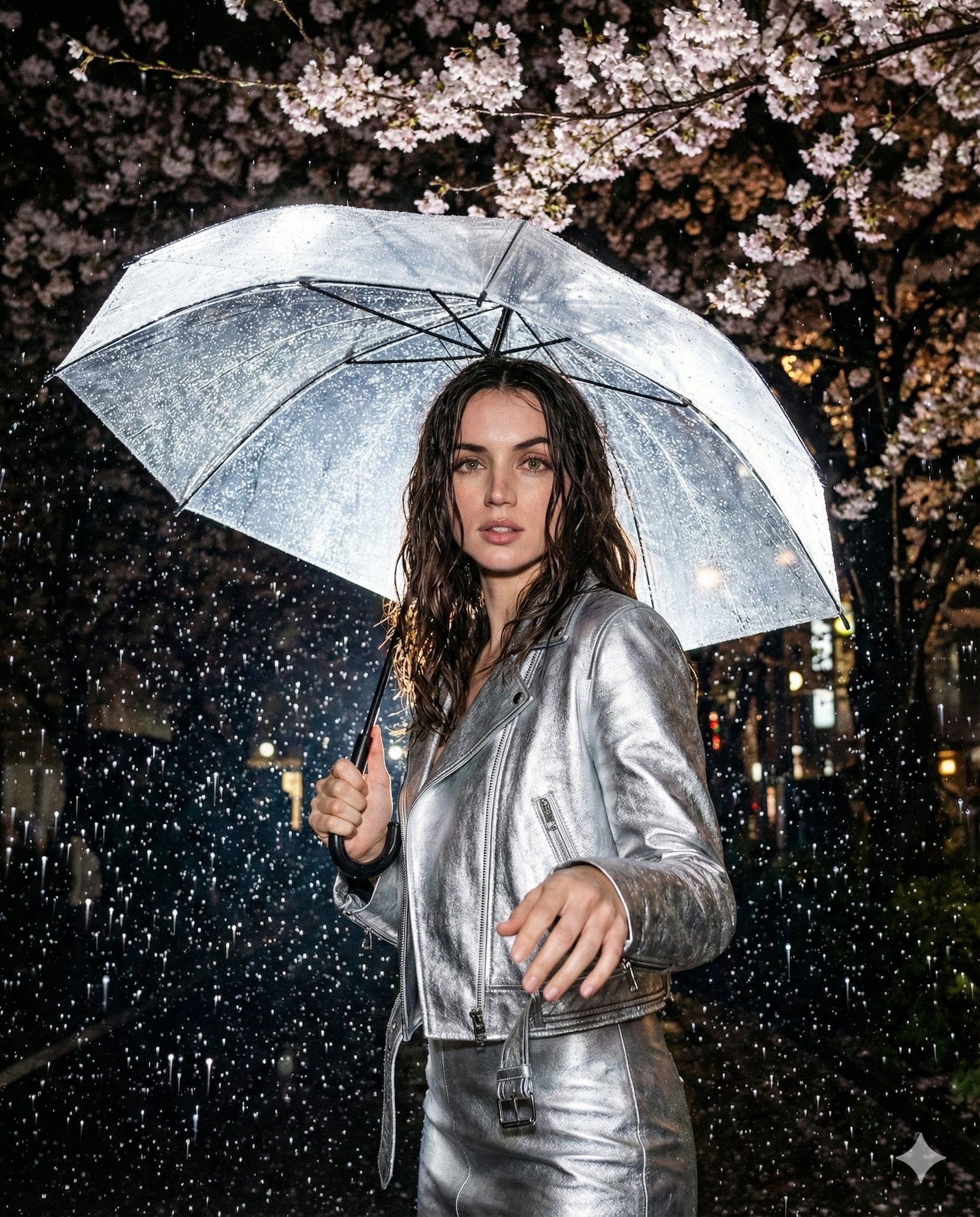 Nighttime Editorial Portrait with Cherry Blossoms and Umbrella - view 1