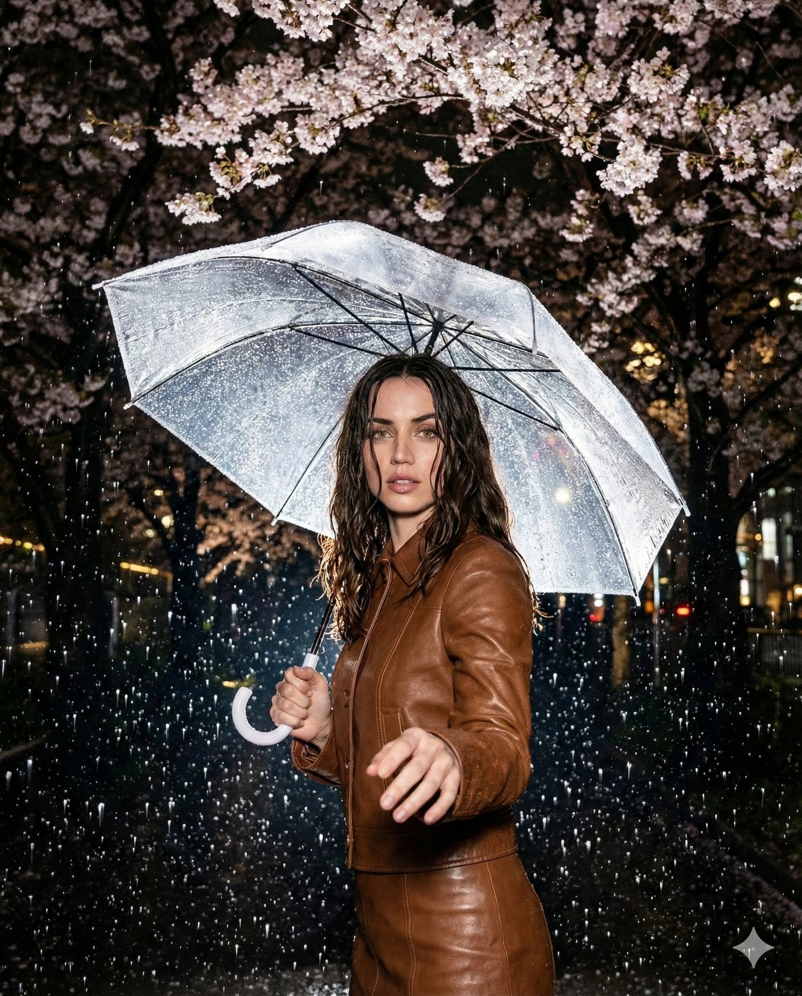 Nighttime Editorial Portrait with Cherry Blossoms and Umbrella thumbnail 2