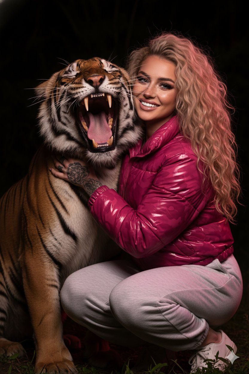 Hyper-realistic Night Photo: Woman Hugging Roaring Bengal Tiger - view 1