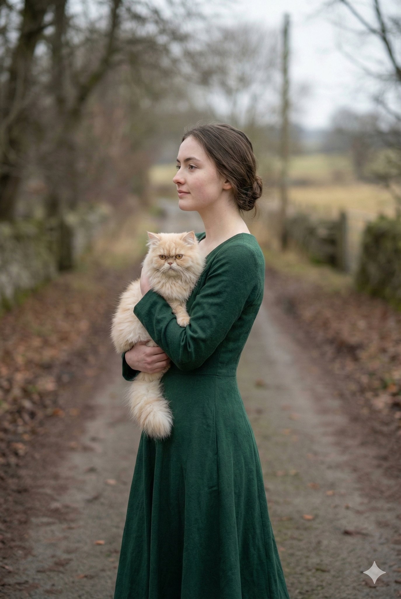 Elegant Woman with Persian Cat on Winter Road - view 1