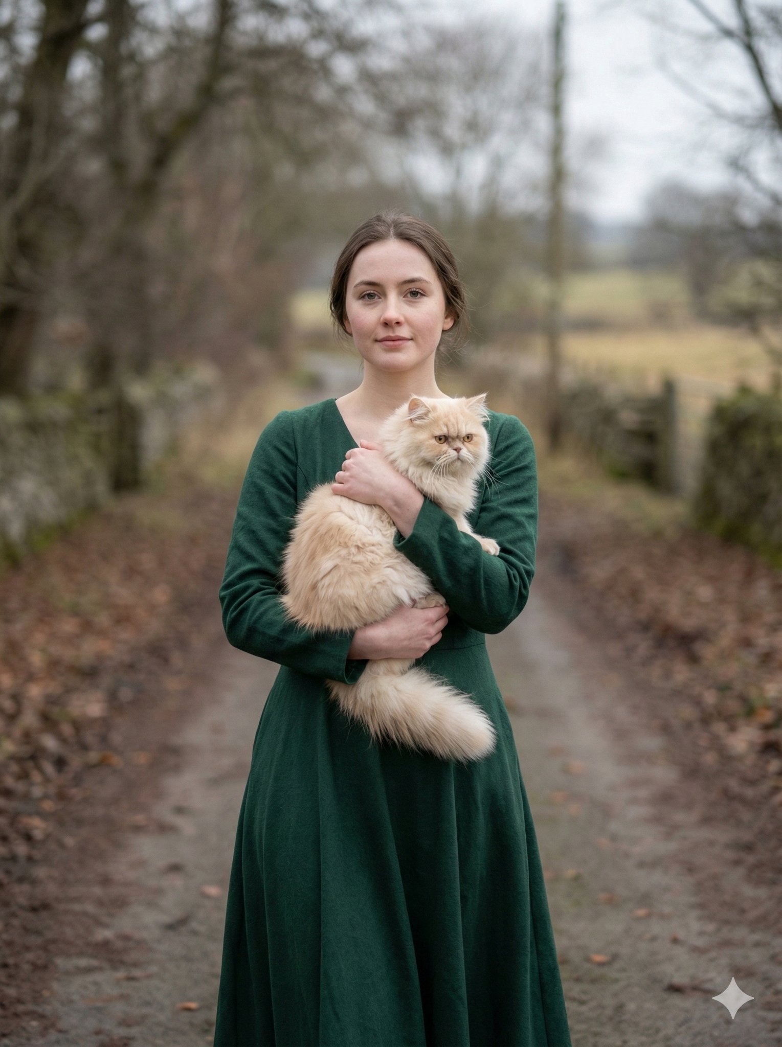 Elegant Woman with Persian Cat on Winter Road thumbnail 2