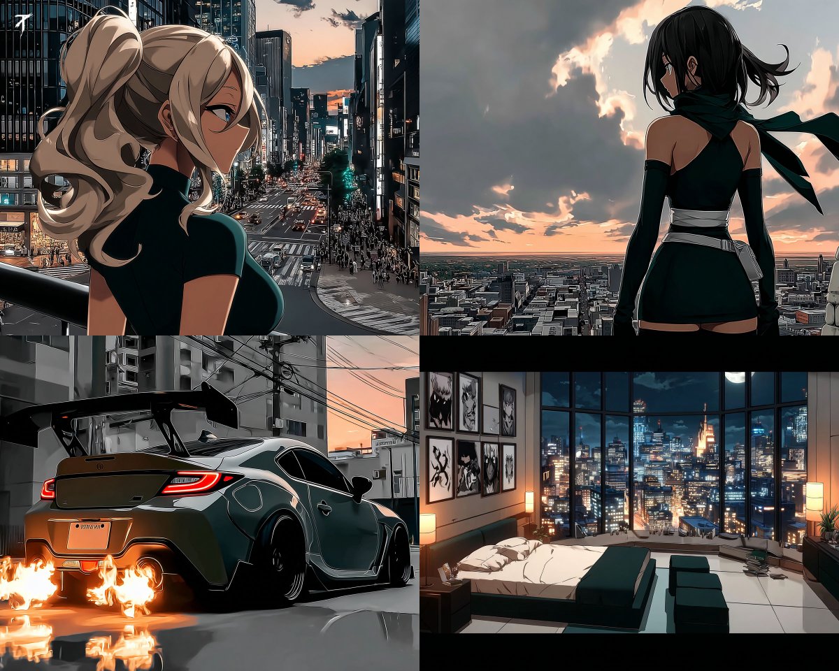Sleek Anime Cityscape at Dusk with Sharp Characters - view 1