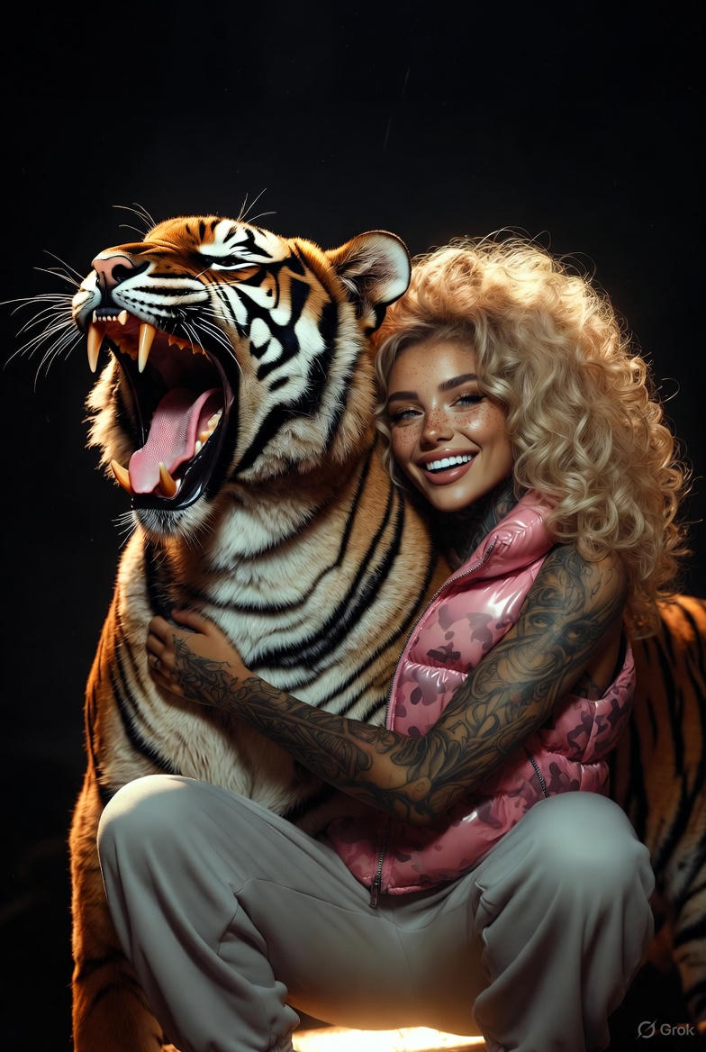Hyperrealistic Woman with Bengal Tiger at Night - view 1